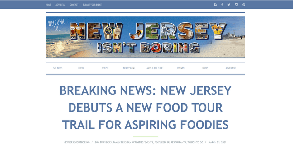 New Jersey Isn't Boring website screenshot featuring Food Tour Trail