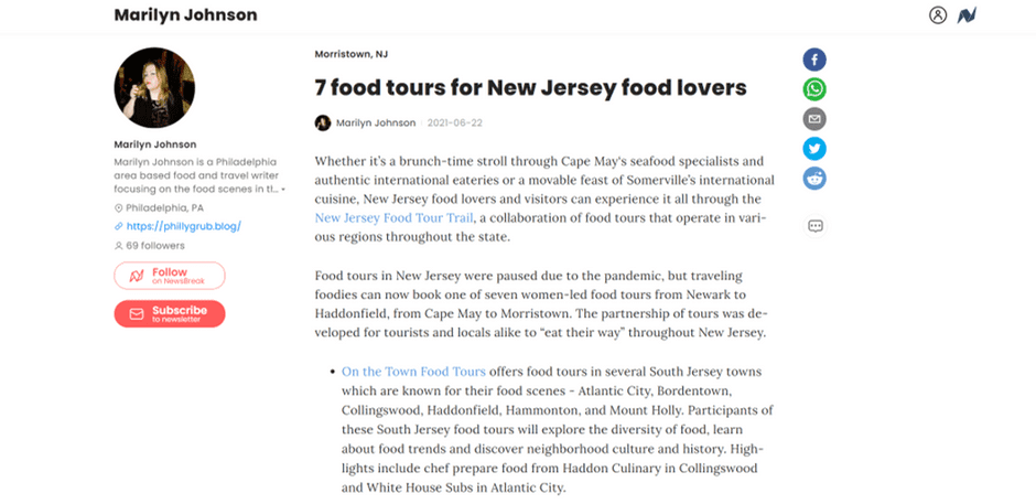 Marilyn Johnson, 7 food tours for new jersey food lovers review screenshot