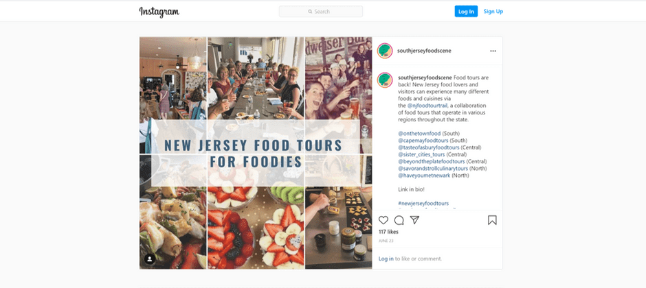 screenshot of new jersey food tours for foodies instagram